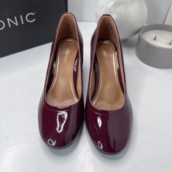 Vionic Carmel Crinkle Patent Leather Slip On Chunky Heel Crimson Women's 8 M NWB - Picture 5 of 12